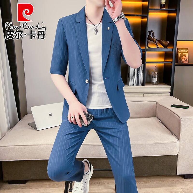 皮爾卡丹冰絲西服套裝男夏季短袖短褲一套薄款帥氣休閑七分袖西裝外套 藍色 外套+9分褲+T恤 XL (120-135斤)