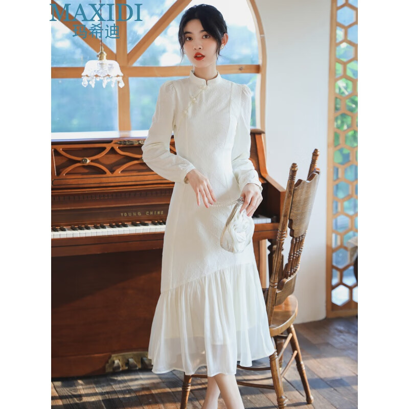 玛希迪旗袍改良版连衣裙年轻款2023秋提花优雅气质显瘦拼接小个子中长裙 杏色 S使用感如何?