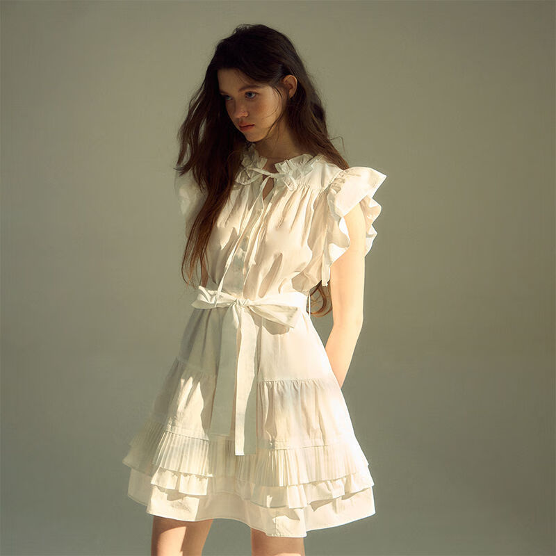 nzglr甜美荷叶边绑带绝美肌小飞袖裙子纯白悸动连衣裙百褶系带收腰女
