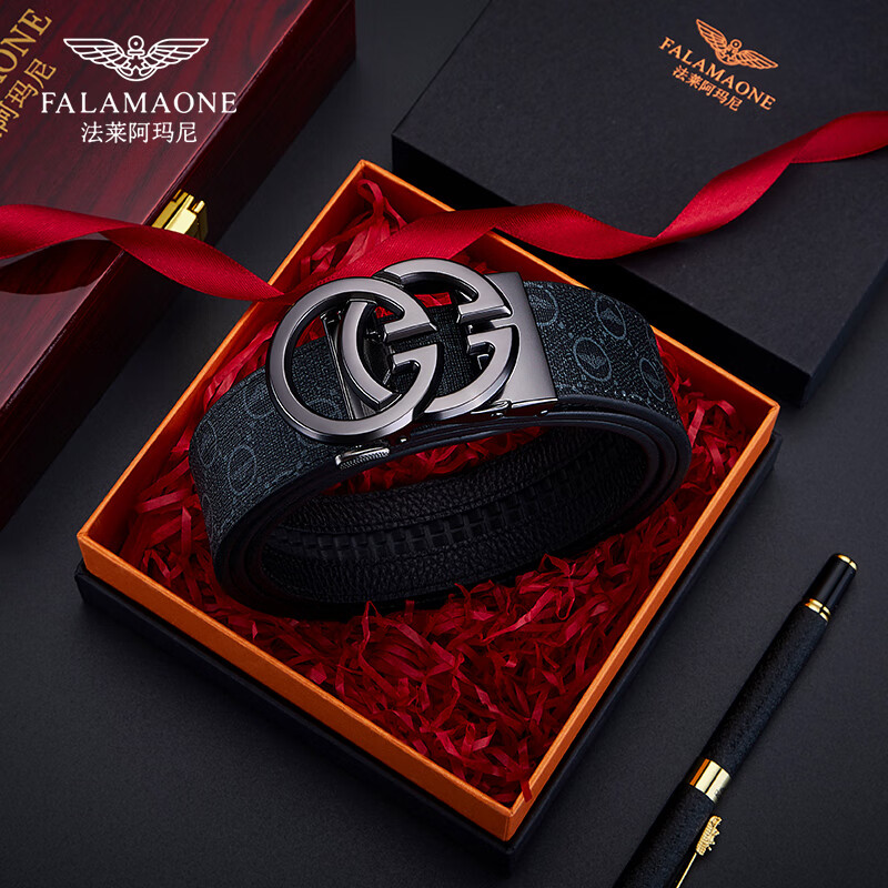 法莱阿玛尼(FALAMAONE)男士皮带男真皮自动扣腰带牛皮商务休闲裤带生日情人节礼物送男友 枪色/PD823【专柜礼盒】 110cm -130cm默认随机(可修剪)