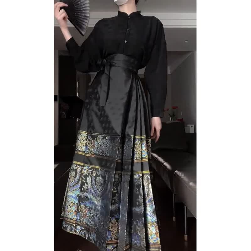 席佰马面裙男 黑金套装宋制明制汉服男女同款日常通勤半身长裙 黑色上衣+马面裙 XL怎么看?
