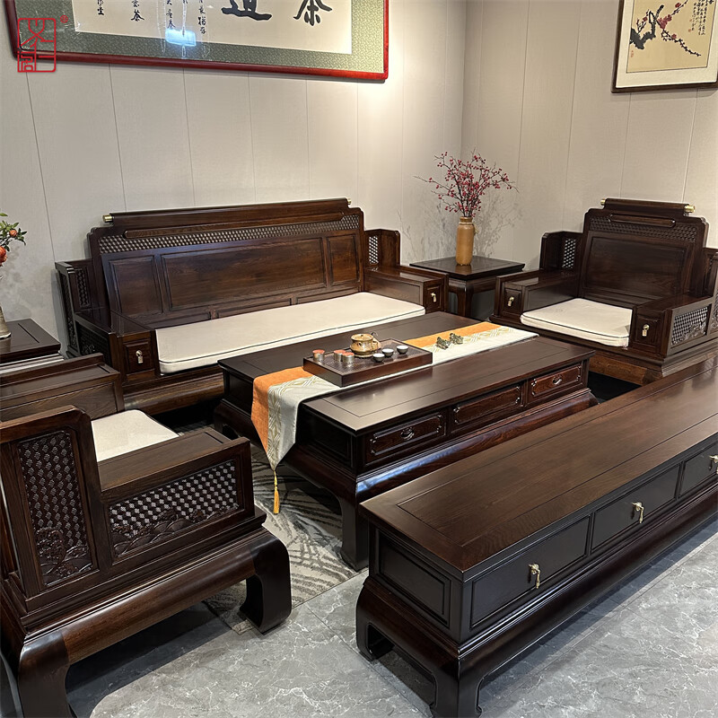 义仁阁新中式老榆木沙发明清仿古典纯全实木原木客厅轻奢沙发茶几组合