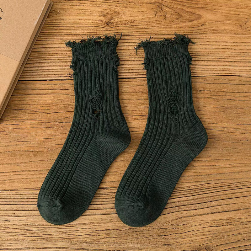 圣曼芬乞丐风破洞粗针袜子女中筒袜堆堆潮流s街头 墨绿色 均码