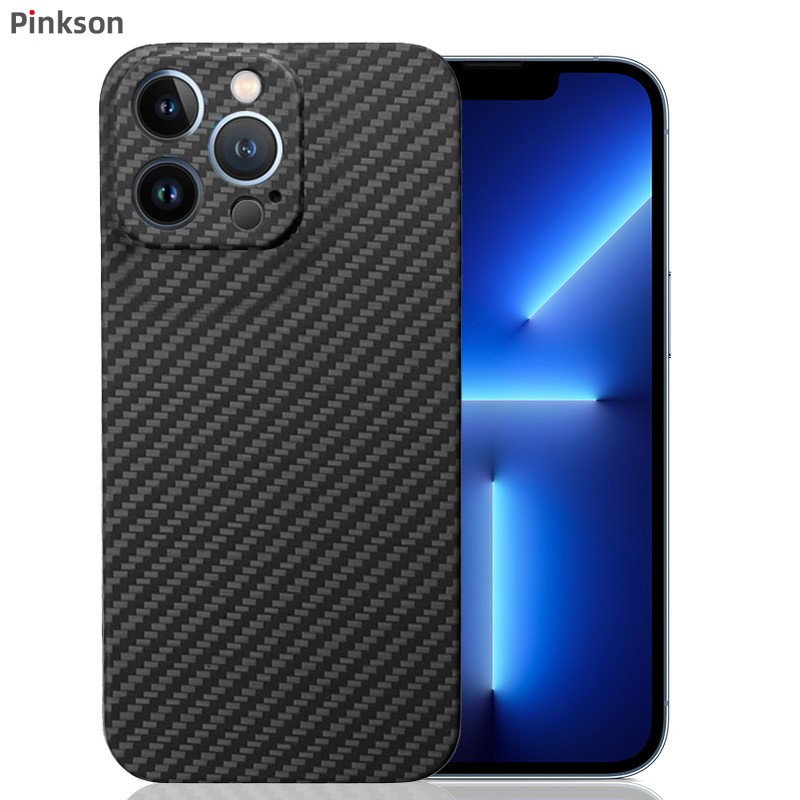 Pinkson 苹果13ProMax手机壳iPhone13凯夫拉碳纤维芳纶保护套商务超薄磨砂13PM防摔简约 【黑色-覆盖镜头款】 【苹果13ProMax】