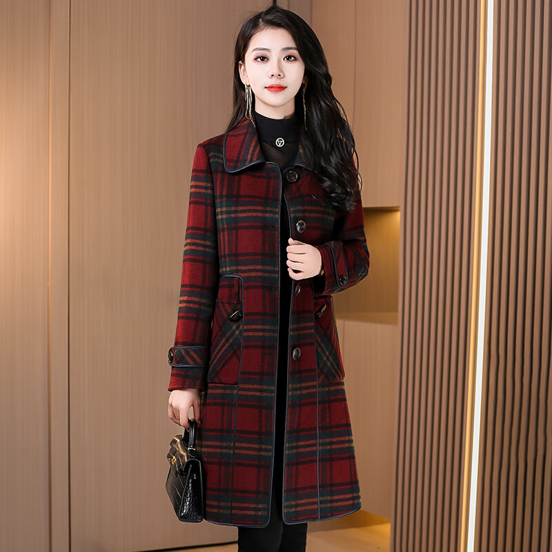 缘雅婷格子羊绒大衣女双面尼格子拼色大衣呢子大衣女秋冬2022时尚高端