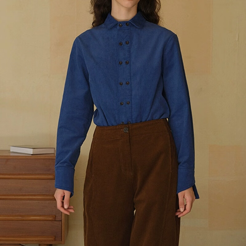 ms)严选蓝灯芯绒翻领双排扣袖克夫异形袖口长袖衬衫秋冬新款内搭衬衣