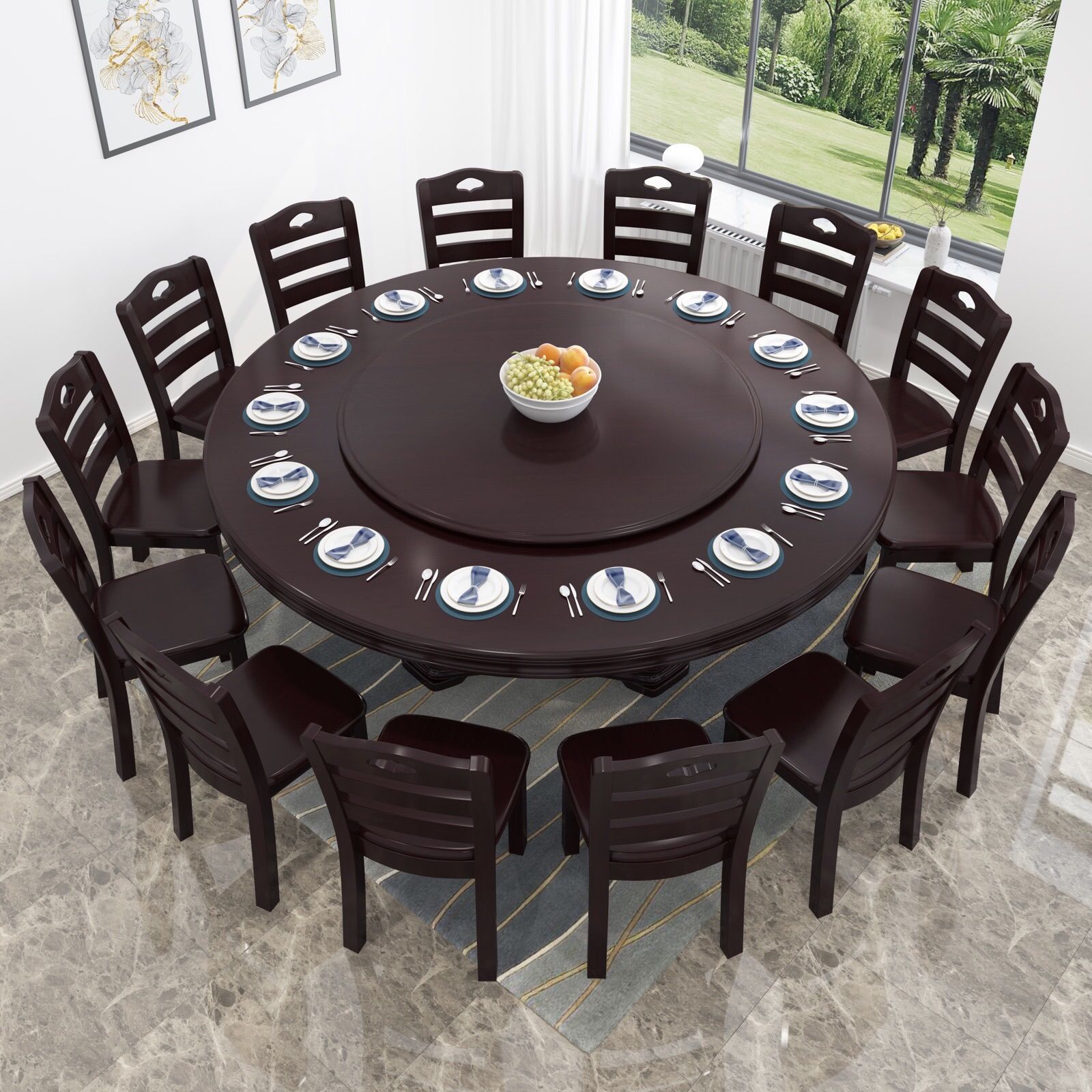金属餐桌椅组合圆桌带转盘中式歺桌家用现代现代中式饭店餐桌吃饭桌子 黑檀色 1.5一桌10椅