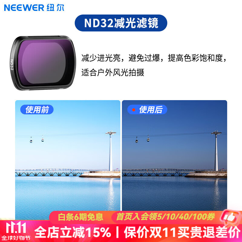 NEEWER纽尔适用于大疆DJl pocket3滤镜磁吸快拆ND/UV/CPL/黑柔口袋3电影镜头偏振减光特效星光增广镜配件 ND32