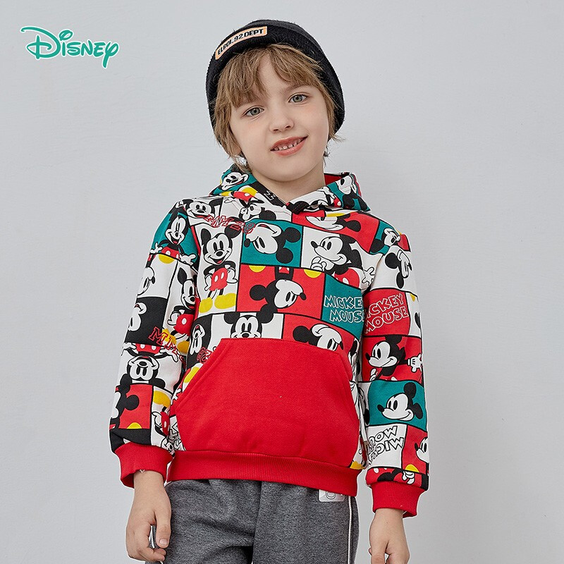 男童卫衣米奇连帽抓绒保暖上衣秋季男孩外出服红白6岁/身高130cm