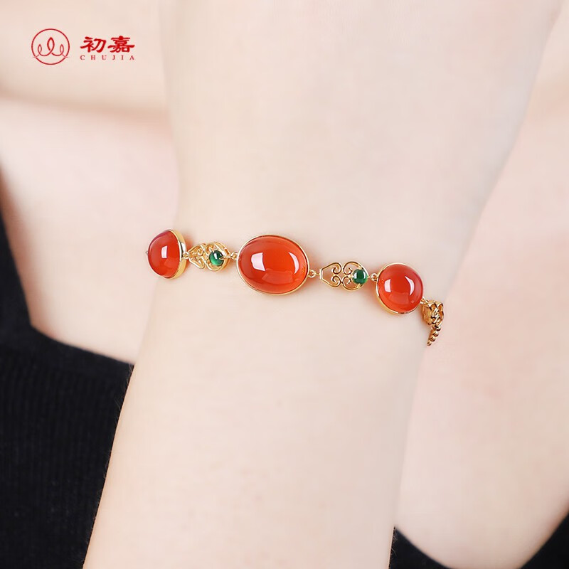 初嘉 高品质天然保山冰飘南红手链女 时尚高端18金镶红色宝石冰红手饰