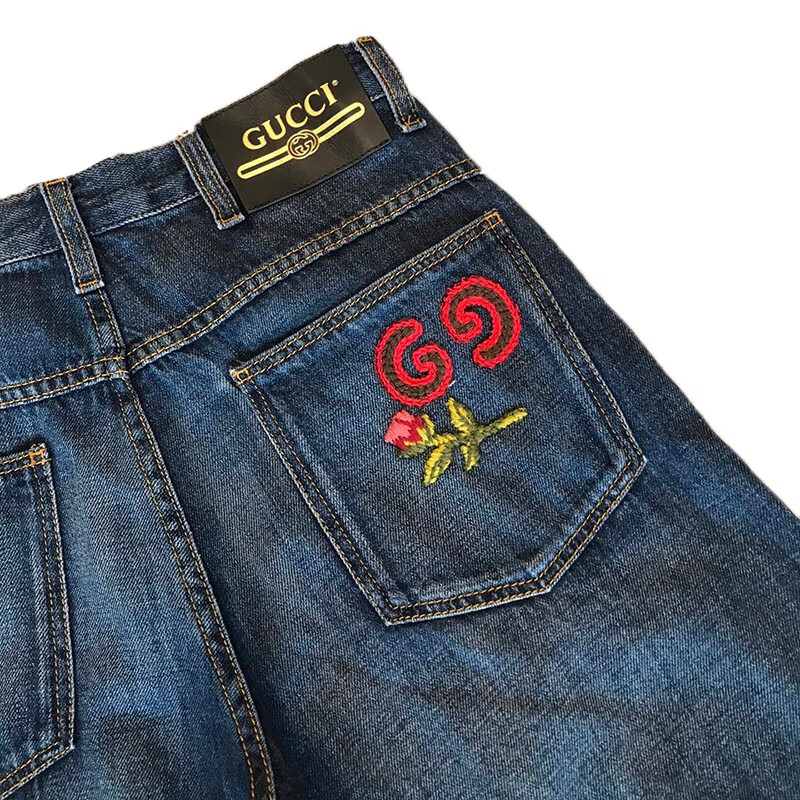 gucci 古驰 蓝色织物背后刺绣玫瑰字母女士阔腿裤 牛仔裤 蓝色 24