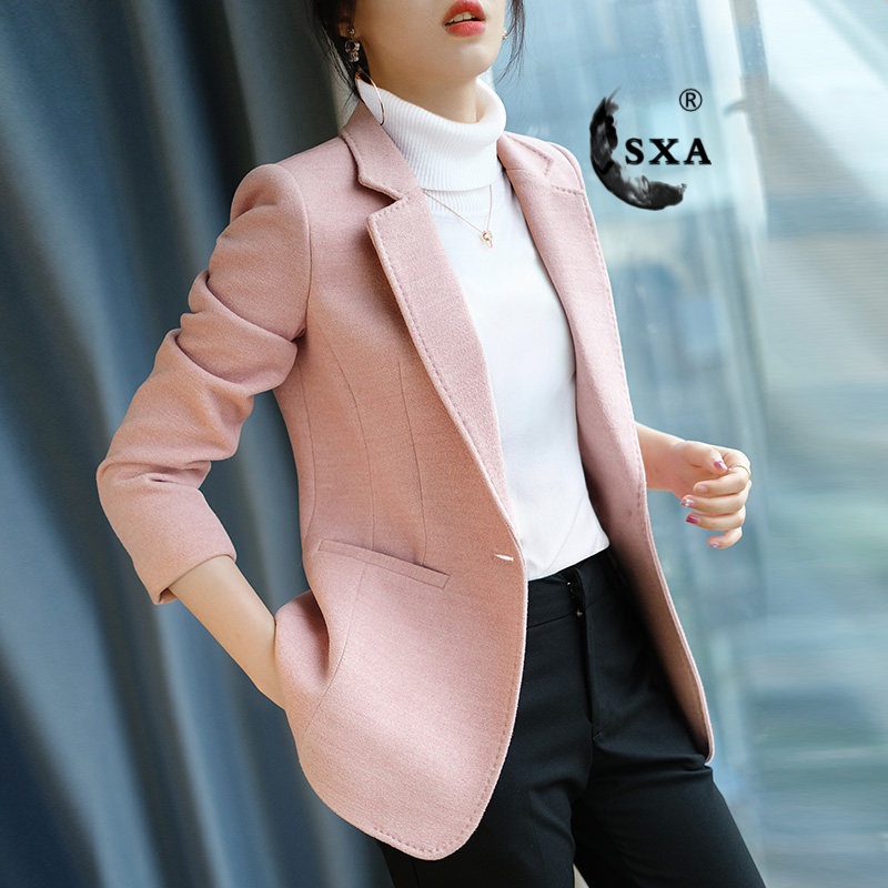 SXA香港潮牌毛呢西装外套女春秋新款气质小西服上衣百搭职业短外套 粉色 S