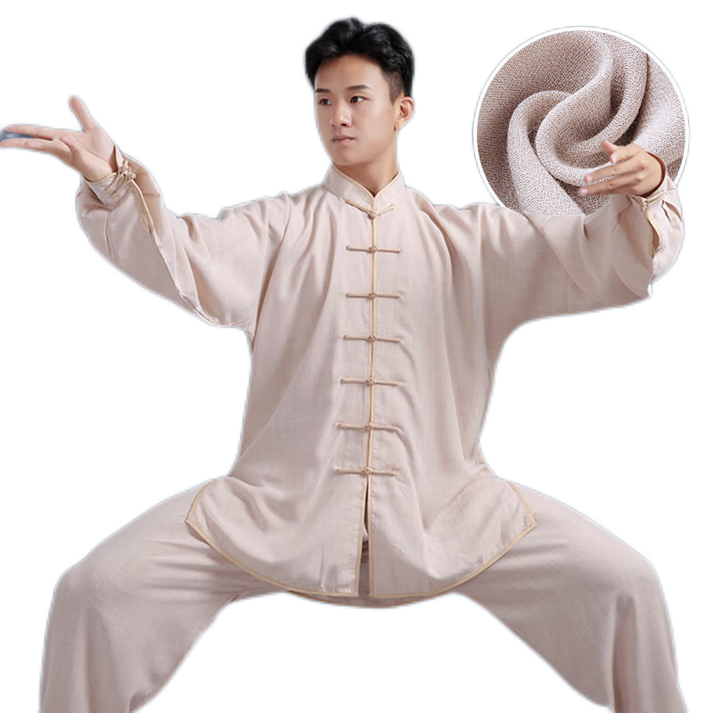 蒙掌棉麻太極服女男春秋八段錦八極拳太極服裝禪意禪修服太極拳練功服 白色長(zhǎng)袖套裝 XS