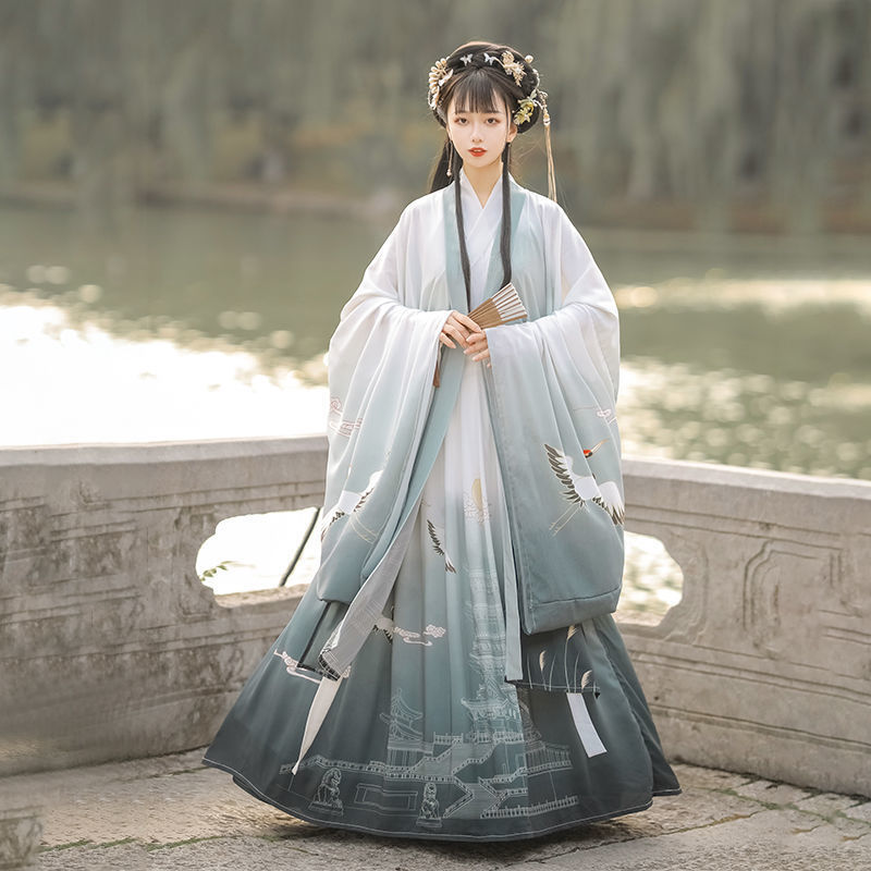 汉服男女闺蜜情侣学生日常表演古装魏晋风交领齐腰印花 青色黄鹤楼三
