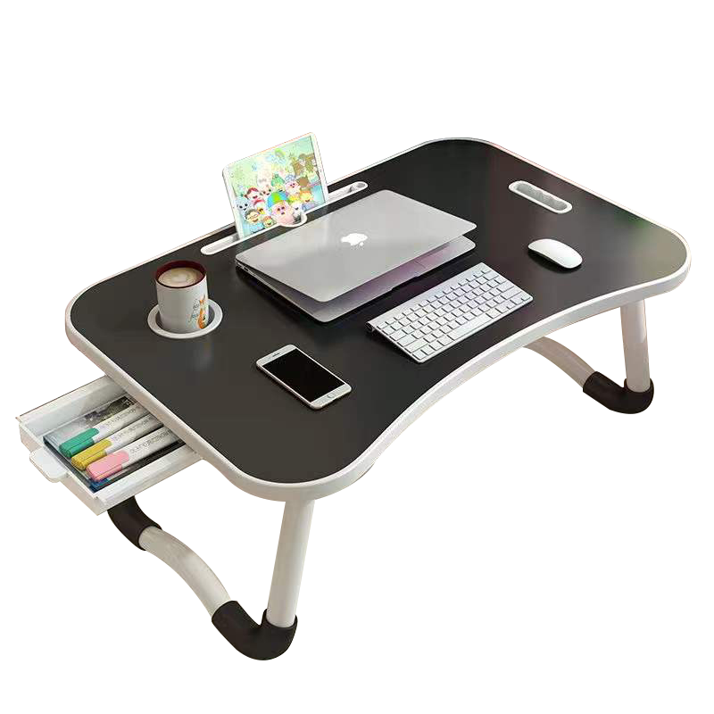 易漫 笔记本床上电脑桌宿舍飘窗懒人折叠桌床上书桌学习桌小桌子带平板卡槽W腿防滑带抽屉黑色60*40*28cm