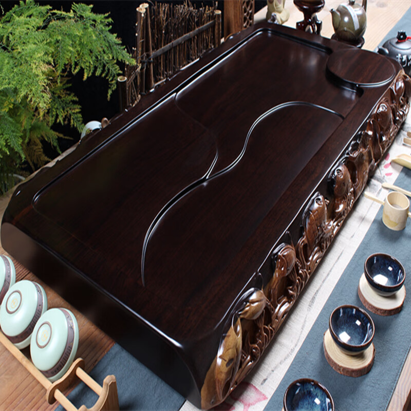 白泉木茶盘 整块实木 原木 红鸡翅花梨海茶托茶茶具 70x38x6双边雕鱼