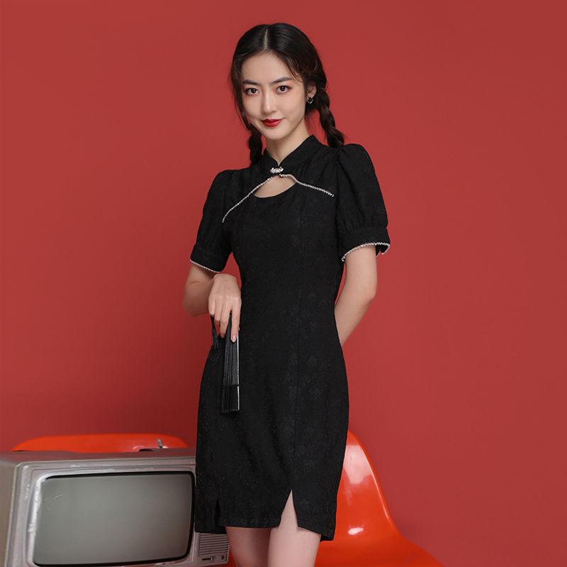 vkpi集合店改良版连衣裙国潮本能少女开叉短裙小黑裙复古提花暗黑旗袍