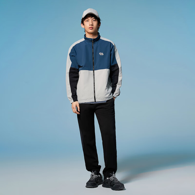 黑鲸（HLAJEANS）海澜之家旗下撞色拼接立领夹克男春季时尚复古校园风外套男 蓝灰镶拼02 175/92A