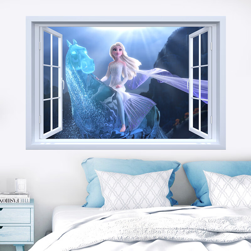 卡通冰雪爱莎公主雪宝装饰墙贴画儿童房间女孩卧室贴纸 艾莎骑马 大号
