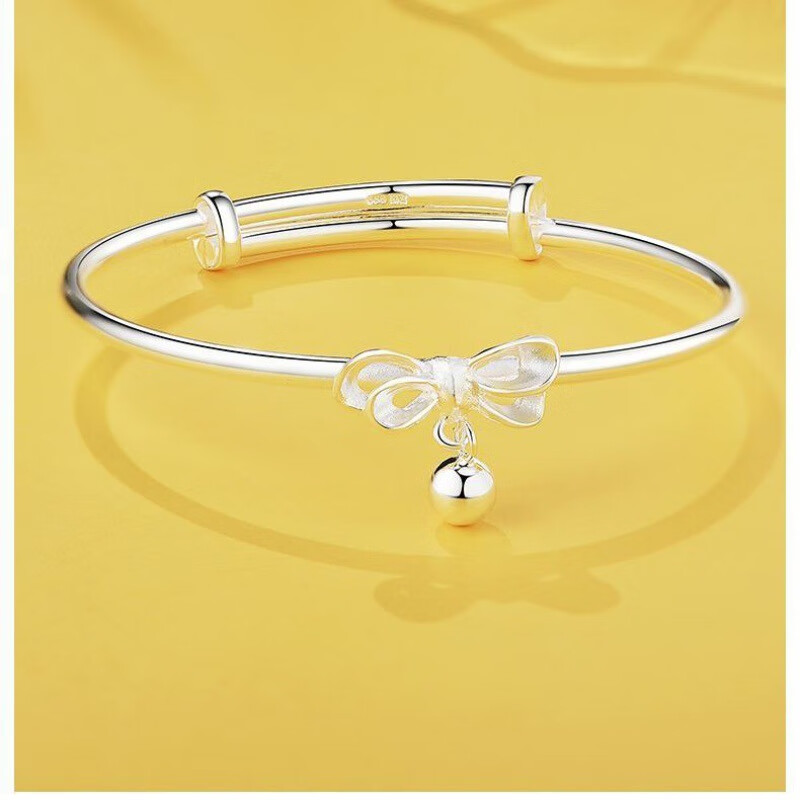 涧萦丝珠宝银在逃公主银手镯女9259小众蝴蝶结甜美铃铛足实心镯子送
