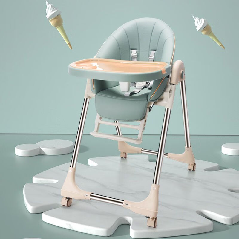 摩米特（MOMITON）宝宝餐椅吃饭椅家用儿童餐桌椅座椅婴儿学坐椅可折叠多功能靠背椅 升级抹茶绿(靠背可调+轮+饭兜防