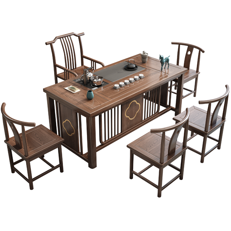 凝古轩 实木新中式茶桌椅组合客厅茶台桌办公室喝茶桌会客桌书房泡茶台古典功夫小户型茶几桌 1.6m梅花三弄+1琴弦椅+4月牙椅(配石茶盘)