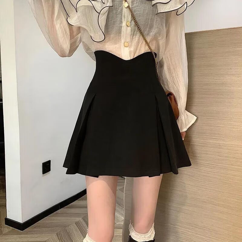 诗晗柔a字半身裙女夏季新款高腰百搭显瘦黑色短裙宽松百褶裙子 黑色
