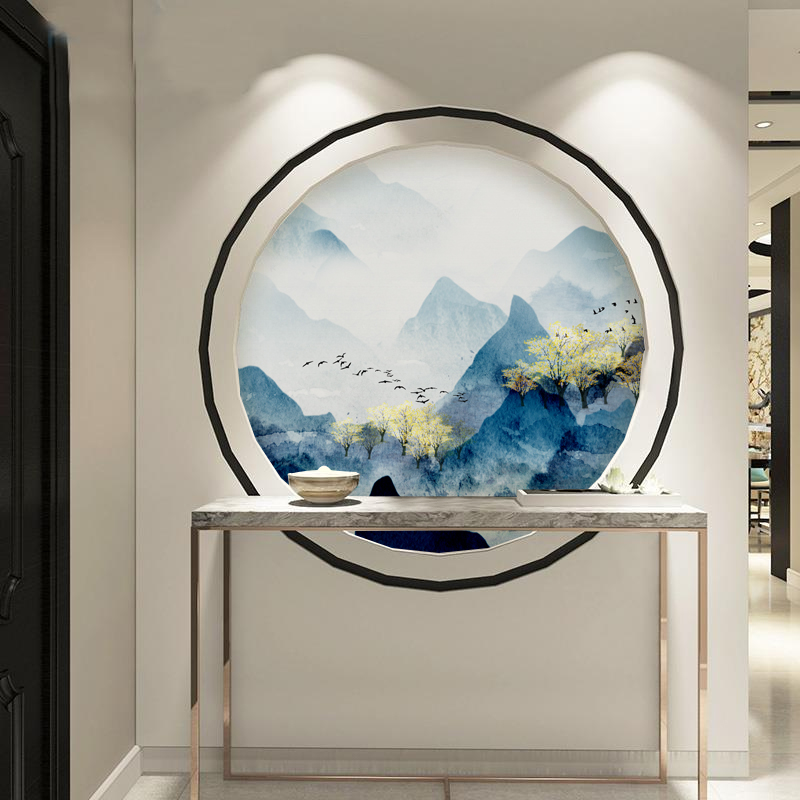 圆形山水图案壁纸定制新中式定制背景墙纸水墨禅意无缝墙布壁画8d