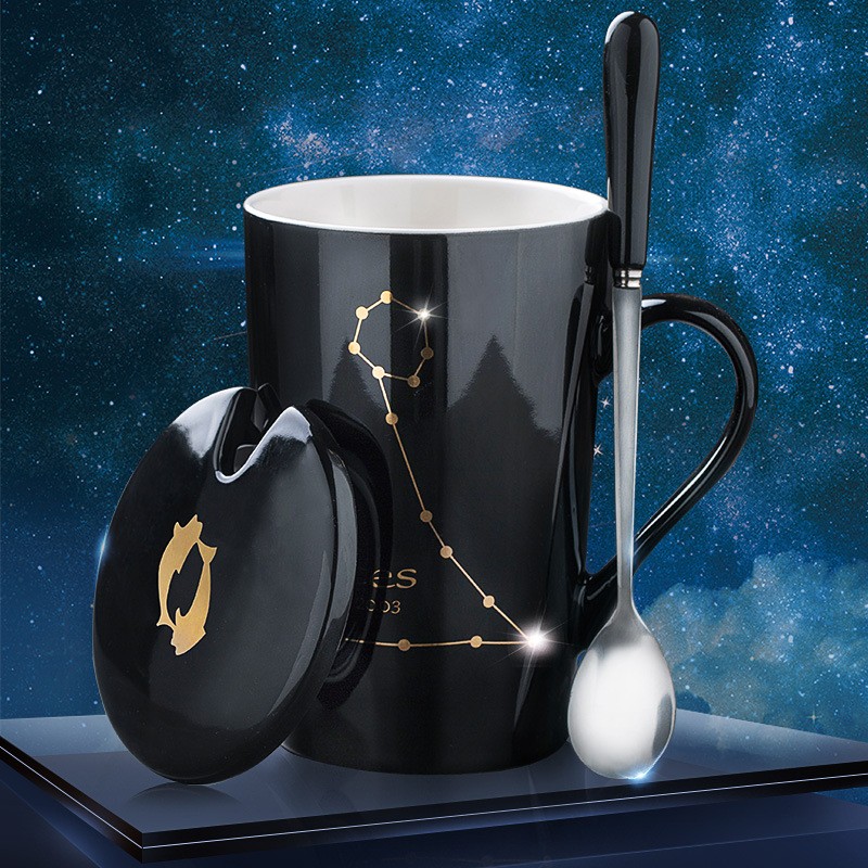 星座杯陶瓷杯马克杯喝水杯子带盖勺情侣水杯 双鱼座-黑 带盖子勺子