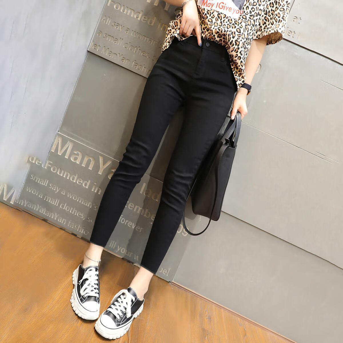 女紧身小脚加绒八分小个子春秋修身显瘦女士铅笔裤 黑色小脚毛边-8分