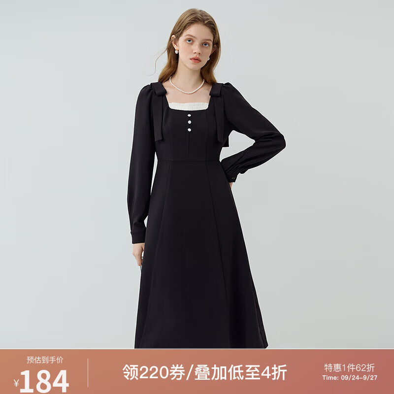 范思蓝恩23FS13414法式气质减龄连衣裙女2023秋新款领口撞色首页显瘦裙子 黑色 XL高性价比高么？