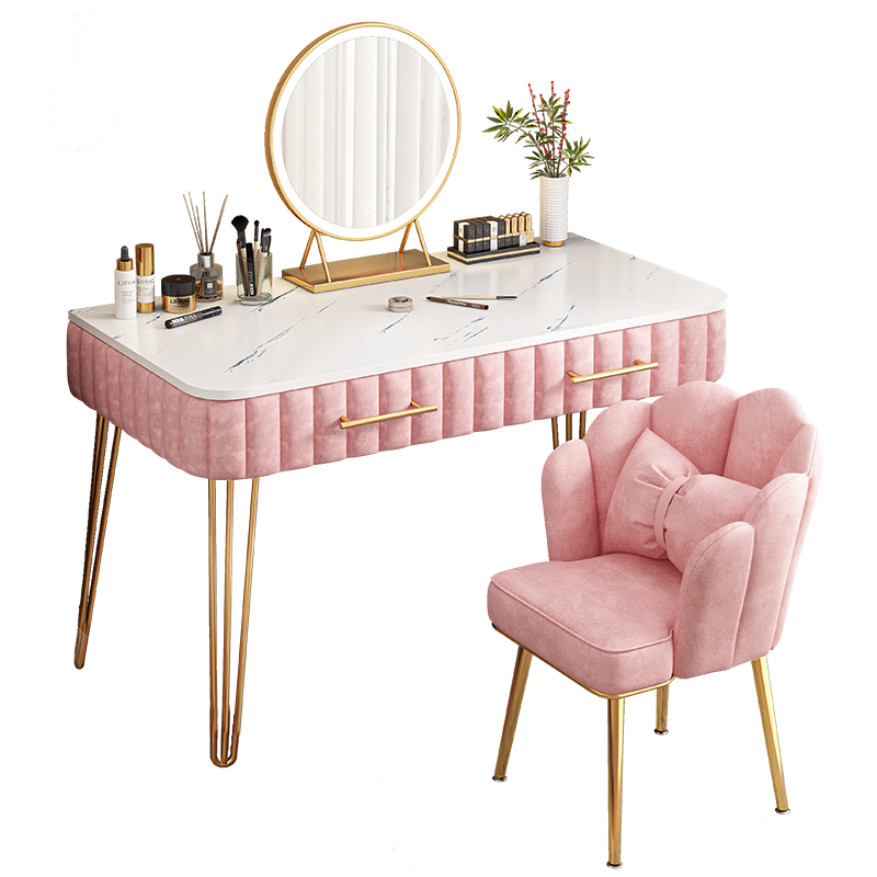 幻狐梳妆台现代简约实木绒布轻奢化妆桌网红ins风小型化妆台家用卧室一体式梳妆柜梳妆椅化妆镜套装组合 粉色(含镜)80CM