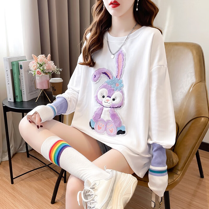 敏潮格伦 孕妇卫衣双面德绒长袖打底衫女春秋装新款中长款拼接袖卡通上衣 白色 XL