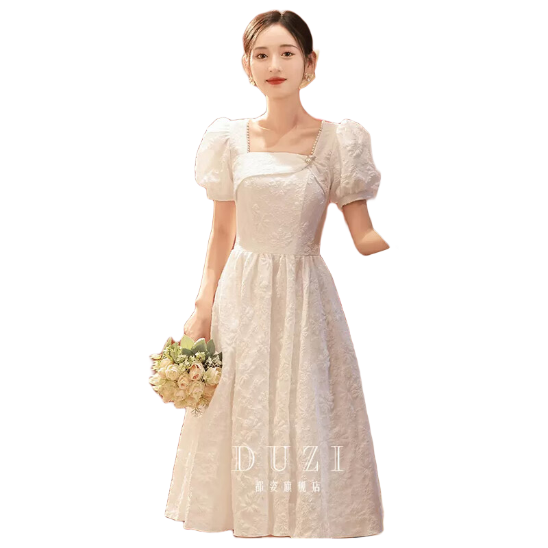 麥斯貝思訂婚禮服女宴會晚禮服連衣裙女平時可穿敬酒服夏季領(lǐng)證登記小白裙 白色 S