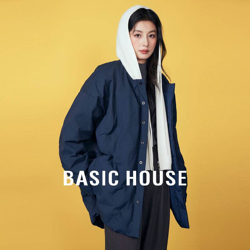 Basic House/百家好针织拼接连帽羽绒服冬季洋气撞色短款外套2025 藏蓝色 M