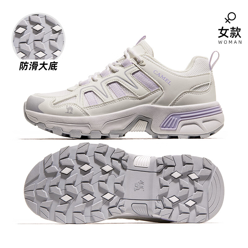 駱駝登山鞋女士戶外鞋防滑夏季透氣徒步鞋防水男鞋子 3008S ，白/淺紫，女 透網(wǎng)版 38