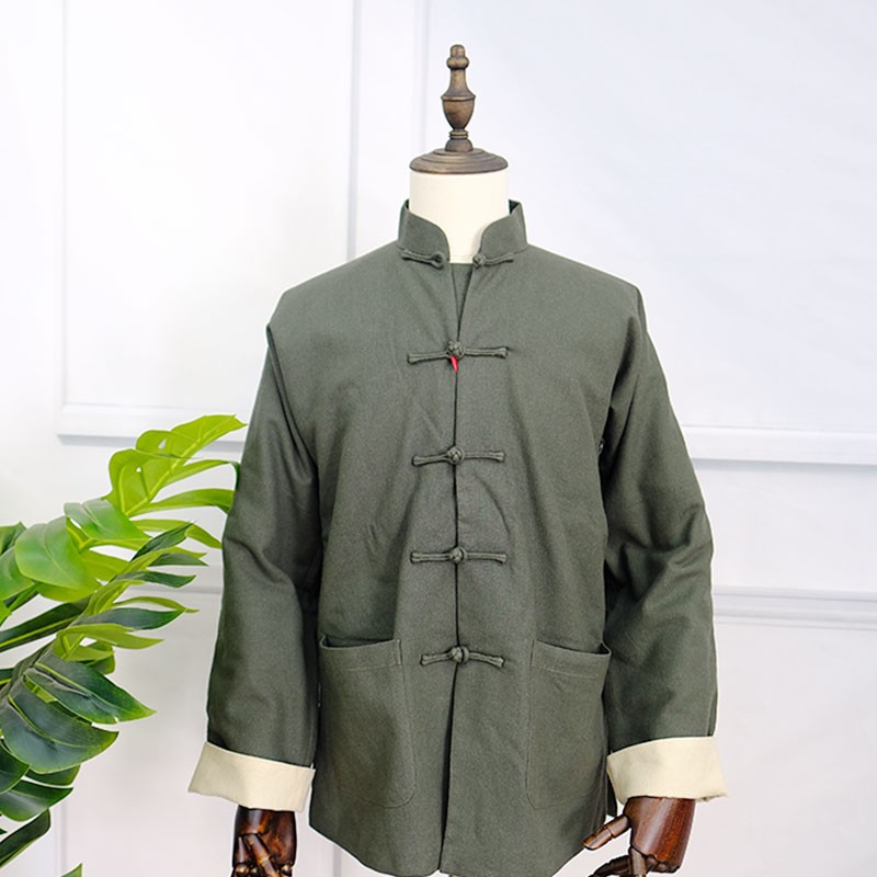 瑞蚨祥唐装男棉衣外套中国风中老年涤麻棉服手工盘扣复古休闲上衣外套男 绿色 XL