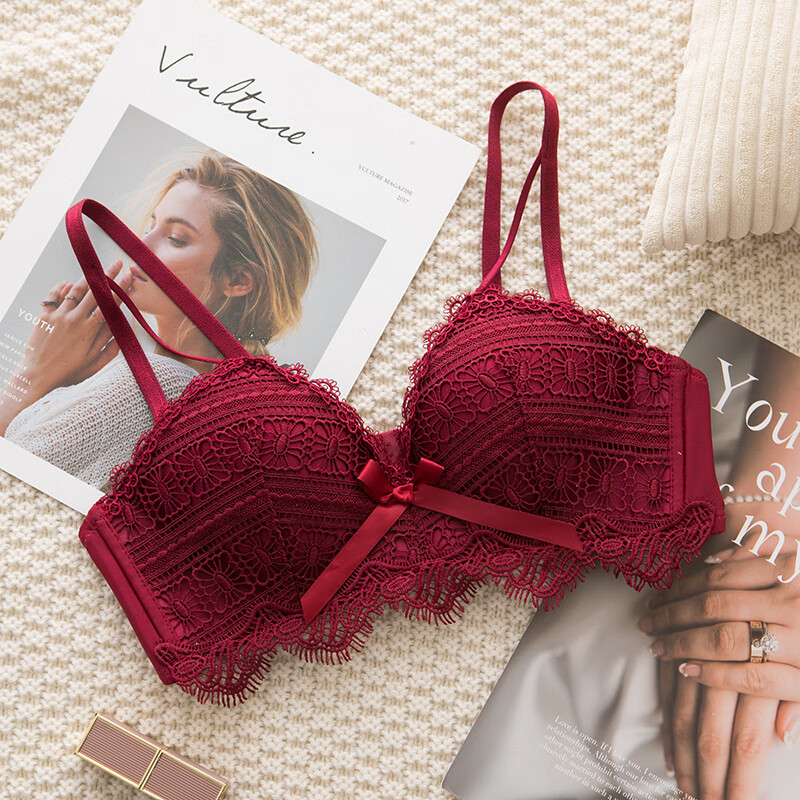 浪莎内衣女小胸聚拢无钢圈调整型牛年性感红色本命年蕾丝结婚套装