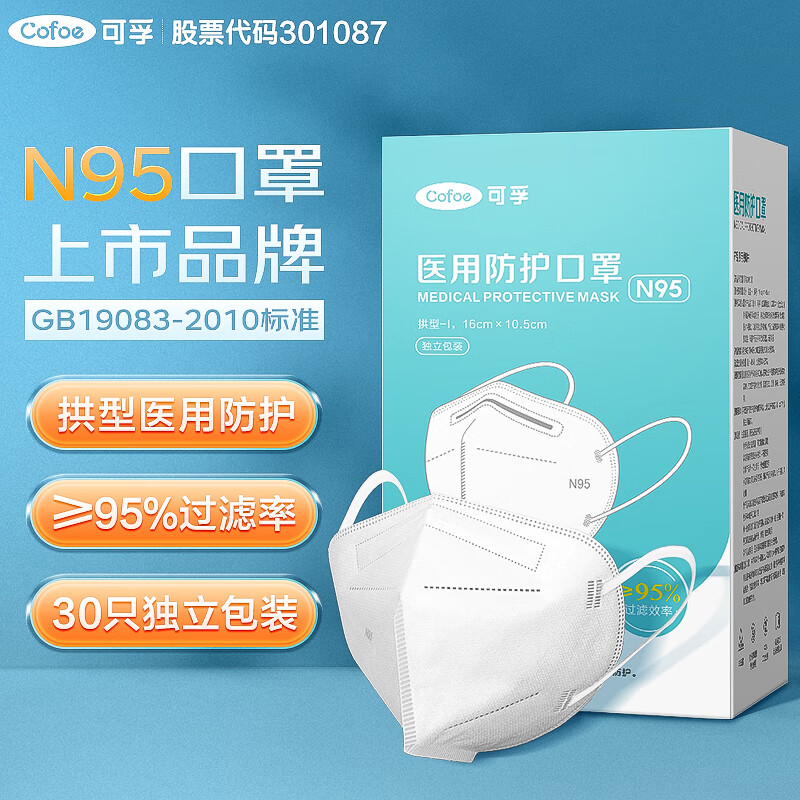 可孚 N95型医用防护口罩3d立体白色一次性医疗级防沙尘潮流时尚独立包装共30只