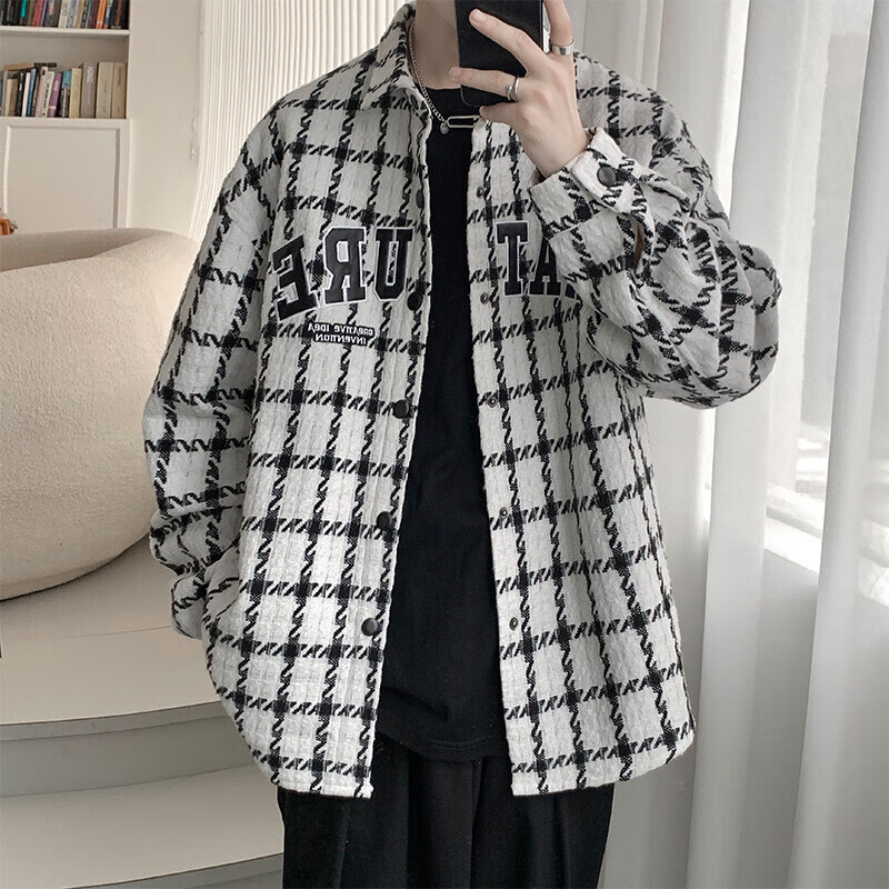 Foss Phil夹克男装小香风潮流百搭格子长袖上衣2026春夏季外套男士学生 JZL-23105白色 XL (130斤-150斤)