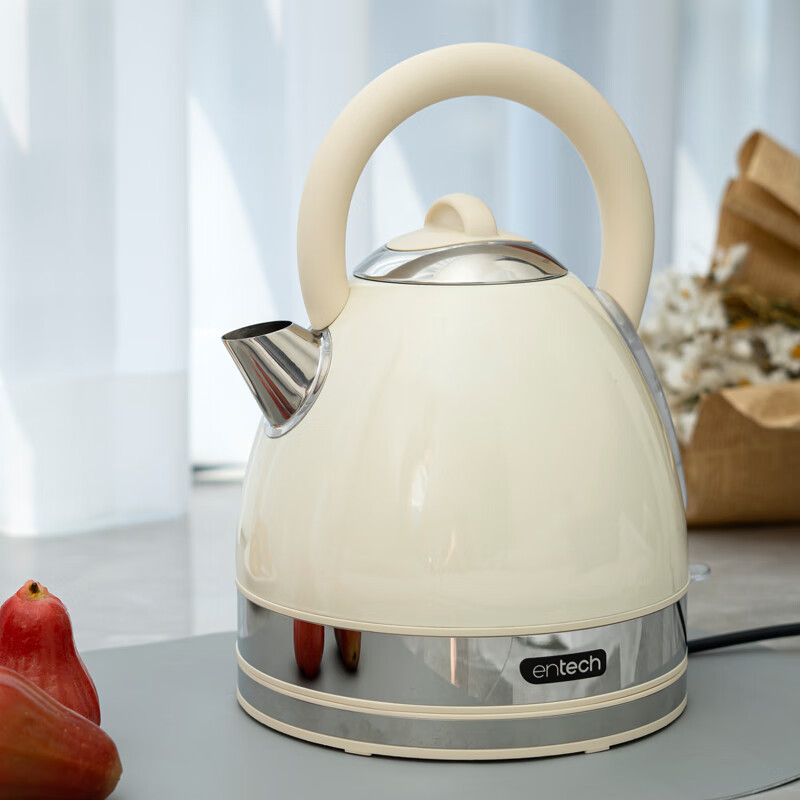 一特（EnTech）英伦复古1800W快速烧水壶家用高颜值高端电热水壶大容量分体式加厚304不锈钢电烧水自动断电防干烧 1.7L 专柜款-奶油白（带水窗）