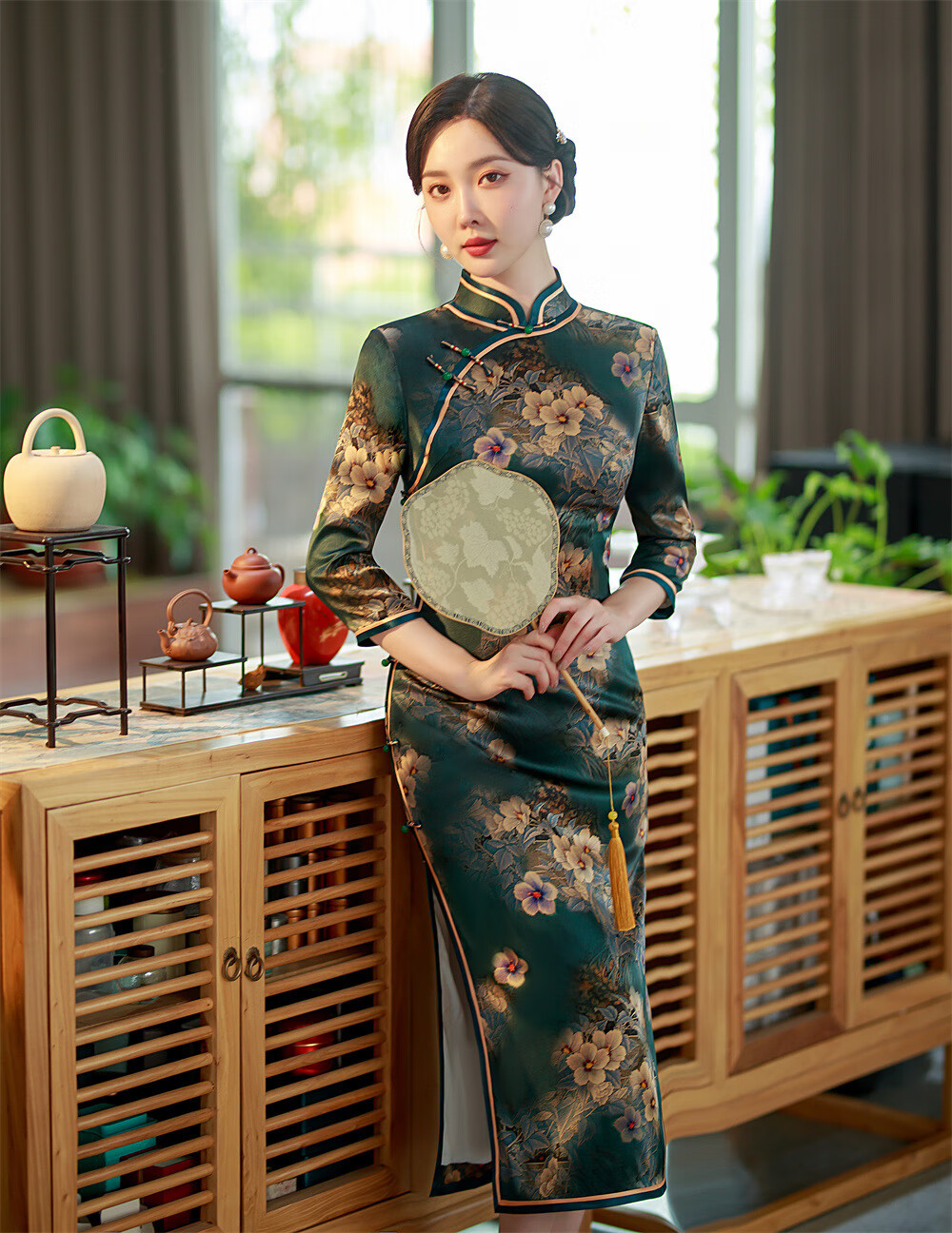 町苧【亏本清仓】真丝旗袍优雅气质民国风阔太太桑蚕丝长款七分袖修身