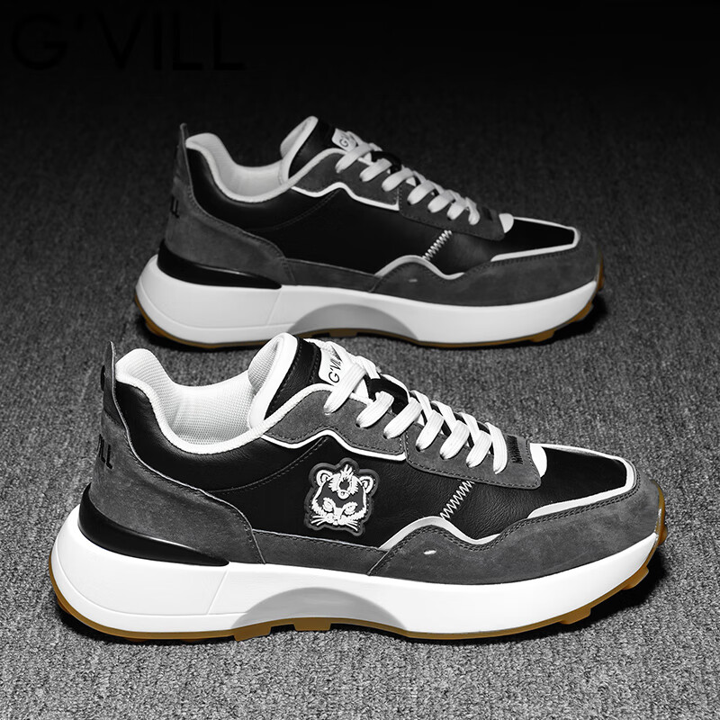 贵之步G'VILL 男鞋春秋季2024新款真皮潮流百搭老爹鞋子跑步运动休闲鞋 黑灰 42