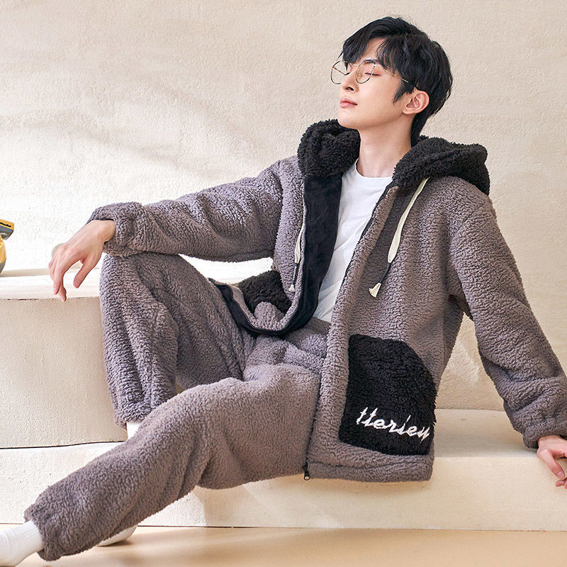 奢依君(sheyijun)加厚睡衣男冬季套装加绒法兰绒休闲青年长袖男士家居