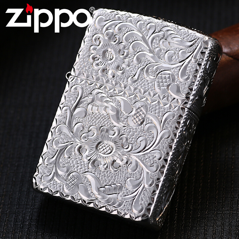 zippo煤油打火机 防风 纯银手工五面环绕精雕 唐草富贵花 男士 珍藏版