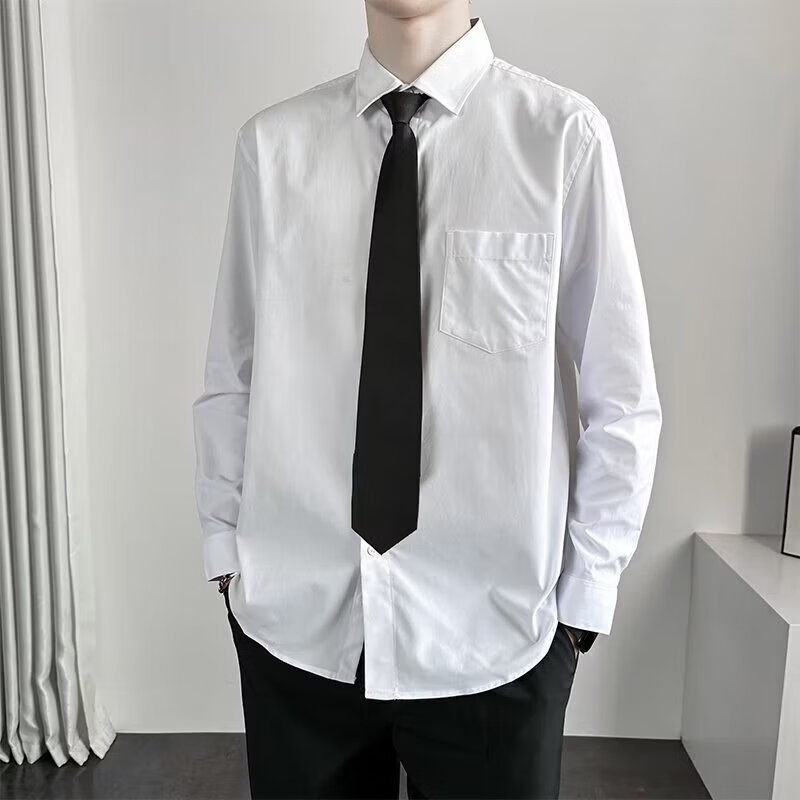 莱白色衬衫男长袖学生毕业拍照结婚内搭配领带正装休闲职业衬衣 白色