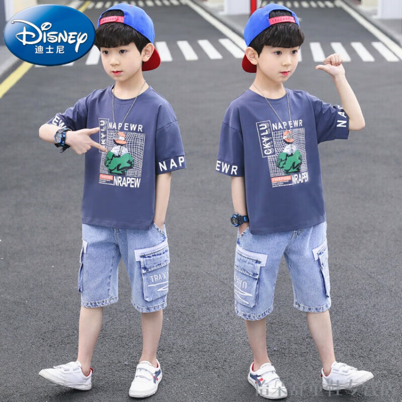 迪士尼（Disney）儿童装男童夏装套装新款中大童男孩衣服夏季韩版洋帅气短袖五分裤 灰色 130建议身高120-130cm年龄7-8周岁