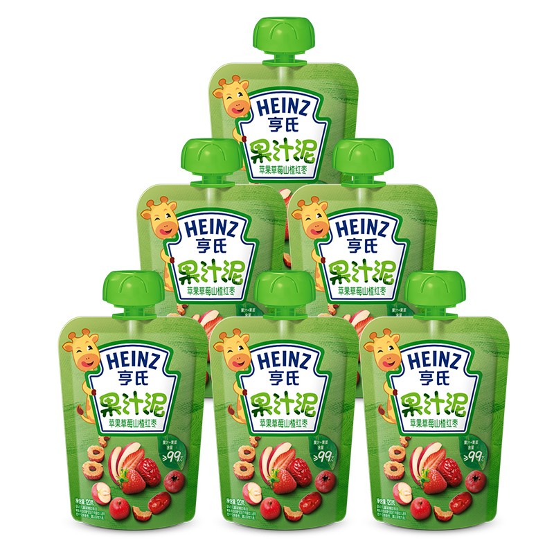 亨氏（Heinz）果汁泥 婴儿水果泥 乐维滋清乐宝宝辅食120g*6包套装 苹果草莓山楂红枣果汁泥