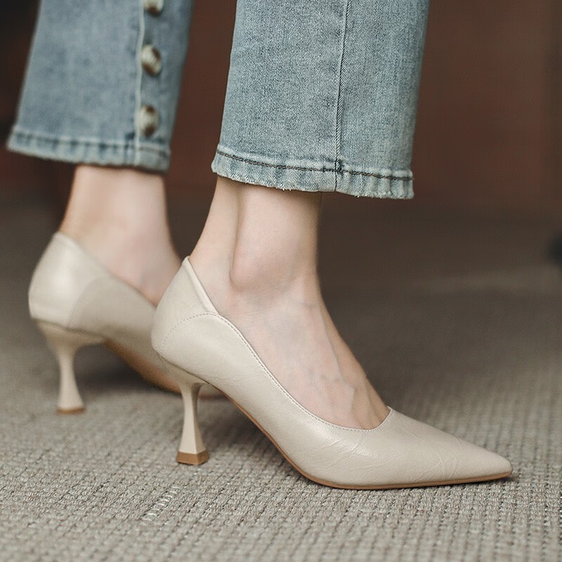 裸色高跟鞋女鞋细跟年春秋新款春款单鞋职业工作皮鞋中跟黑色5厘米40