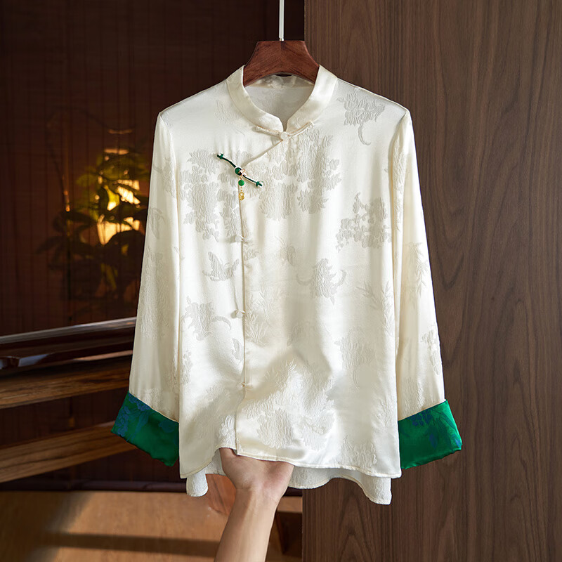 帛雷斯诺真丝中式衬衫桑蚕丝唐装上衣女2023春新中式长袖斜襟真丝提花